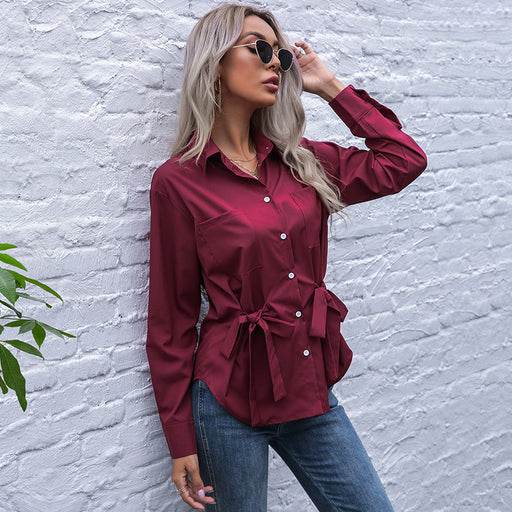 Color-Solid Color Polo Collar Slim Fit Casual Cardigan Design Lace Up Shirt Autumn-Fancey Boutique