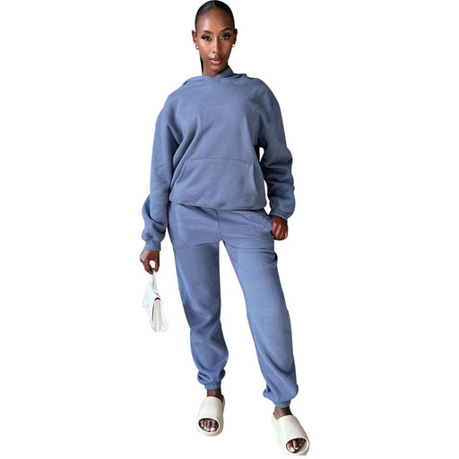 Color-Light Blue-Autumn Winter Solid Color Long Sleeve Hooded Fleece Lined Sweater Women Casual Trousers sets-Fancey Boutique
