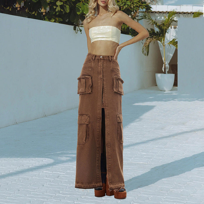 Color-Hipsters High Street Spring High Waist Long Straight Front Slit Design Denim Solid Color Women Skirt-Fancey Boutique