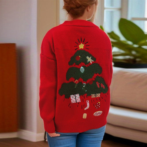 Color-Thick Round Neck Long Sleeve Back Christmas Tree Embroidered Jacquard Red Year Christmas Sweater Pullover-Fancey Boutique