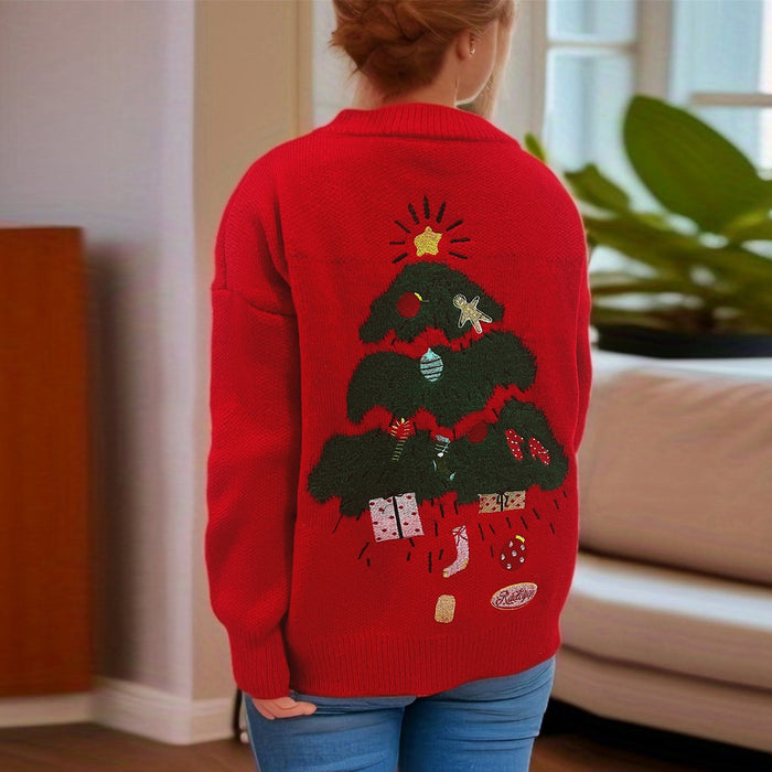 Color-Thick Round Neck Long Sleeve Back Christmas Tree Embroidered Jacquard Red Year Christmas Sweater Pullover-Fancey Boutique