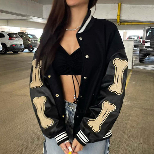 Color-Women Clothing Varsity Jacket Leather Sleeve Stitching Bone Embroidery Autumn Winter Padded Jacket Women-Fancey Boutique