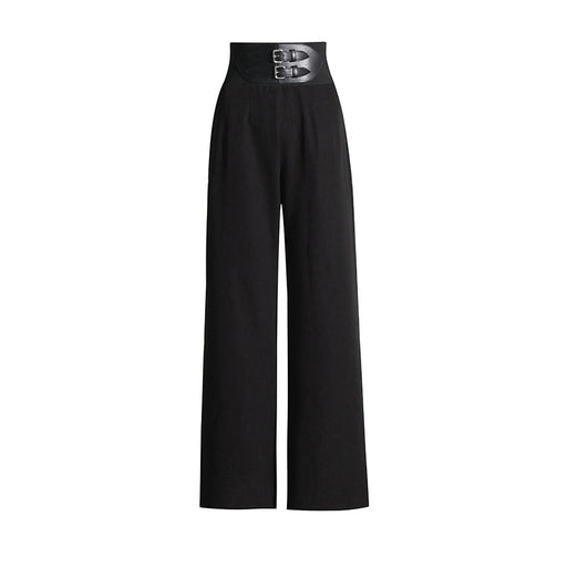 Color-Autumn Dignified Sense of Design Belt Accessories Draping Effect High Waist Wide Leg Casual Trousers Women-Fancey Boutique