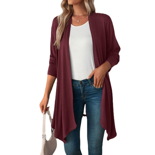 Color-Burgundy-Women Clothing Autumn Solid Color Long Sleeve Long Women Cardigan-Fancey Boutique