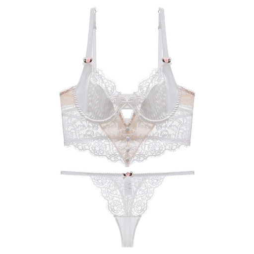 Color-White1-Eyelash Lace Underwear Women Big Chest Small Push up Nipple Coverage Sexy Bra Set-Fancey Boutique