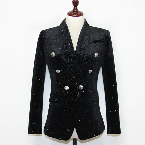 Color-Spring Autumn Blazer Starry Sequined Silver Buckle Waist Tight Velvet Small Blazer for Women-Fancey Boutique