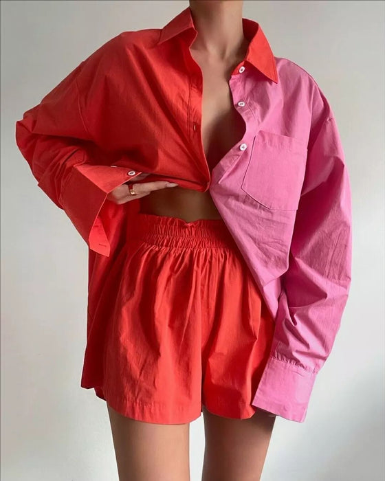 Color-Orange Powder-Spring Summer Two Piece Set Solid Color Single Breasted Long Sleeve Collared Shirt Shorts Loose Casual Set-Fancey Boutique