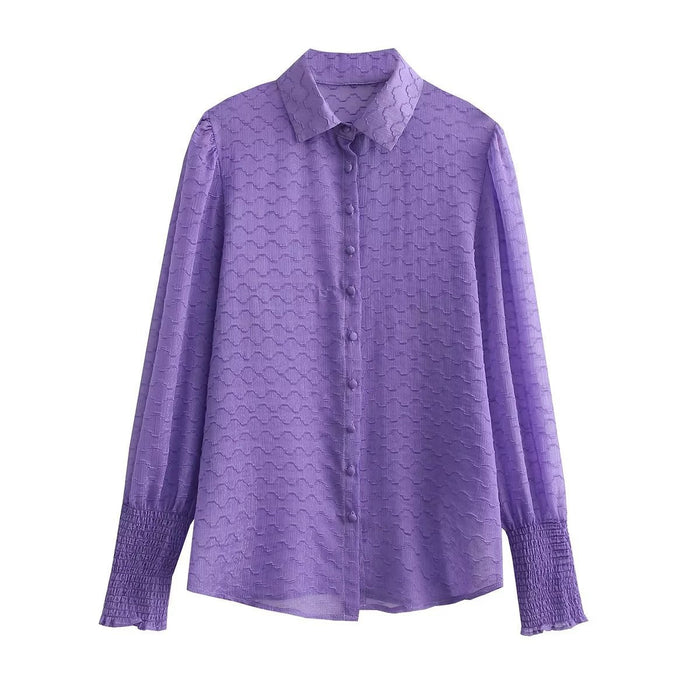 Color-Purple-Spring Summer Two Color Embossed Loose Long Sleeved Shirt Single Breasted Top-Fancey Boutique