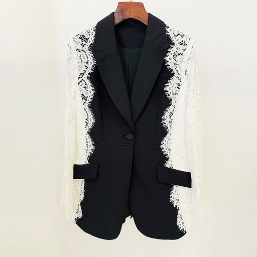 Color-Black-Quality Star Slim Fit One Button Contrast Color Lace Stitching Blazer-Fancey Boutique