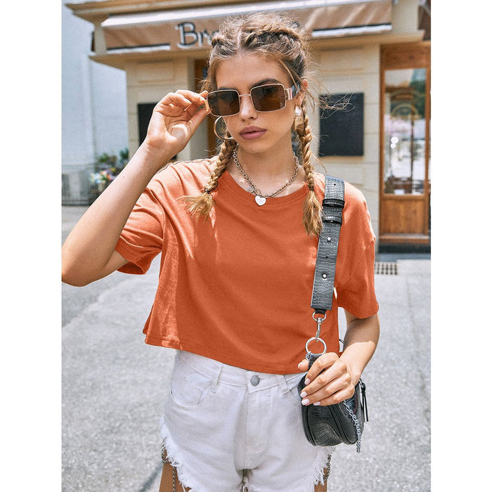 Color-Orange-White Short T shirt Women Summer Trendy Solid Color Loose Slimming Short Sleeve T shirt BM Cropped Outfit Top-Fancey Boutique