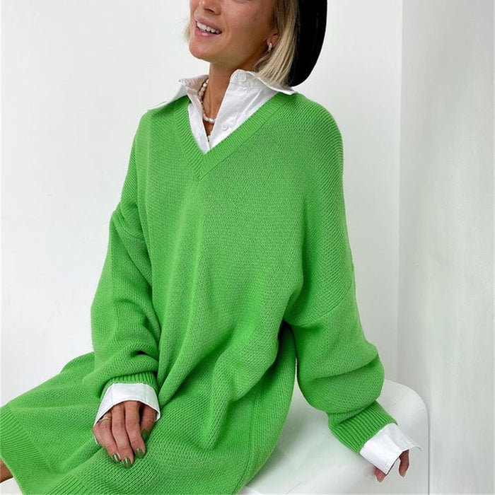 Color-Autumn Winter V neck Sweater Women Oversized Long Sleeve Loose Shoulder Woolen Dress Direct-Fancey Boutique