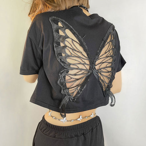 Color-Black Lace Butterfly Exposed Cropped Short T-shirt Fashionable Loose Hollow Out Cutout Short Sleeve Top-Fancey Boutique