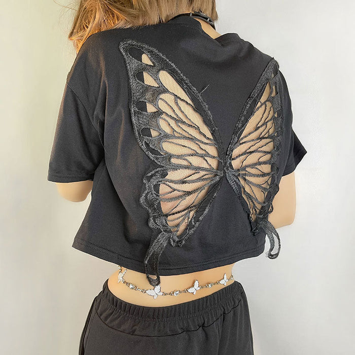 Color-Black-Black Lace Butterfly Exposed Cropped Short T-shirt Fashionable Loose Hollow Out Cutout Short Sleeve Top-Fancey Boutique