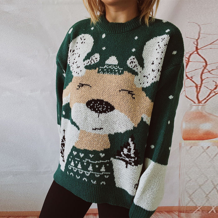 Color-Autumn Winter Year Christmas Sweater Cartoon Elk Pattern round Neck Long Sleeve Knitted Pullover-Fancey Boutique