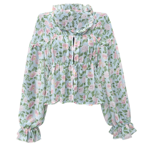 Color-Autumn Winter Wooden Ear Printed Chiffon Shirt Bell Sleeve Floral Top-Fancey Boutique