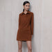 Color-Brown-Autumn Winter Polo Collar Dress Basic Khaki Long Sleeve Slim Fit Hip Wrapped Short Dress-Fancey Boutique