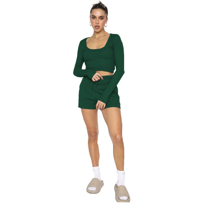 Color-blackish green-Spring Waffle Solid Color U Neck Long Sleeved Short Women Clothing Casual Shorts Suit-Fancey Boutique