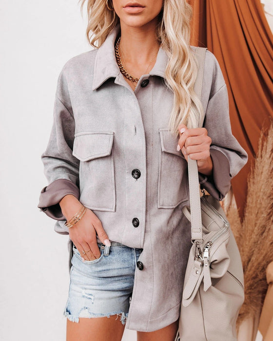 Color-Gray-Autumn Winter Casual Single-Breasted Composite Suede Long Sleeve Coat-Fancey Boutique