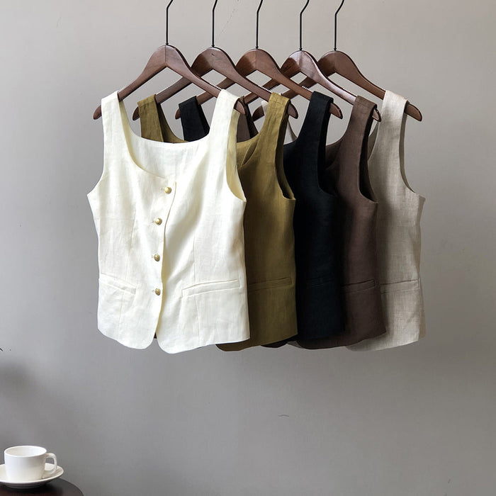 Color-Retro Linen Vest for Women Autumn Special-Interest Square Collar Sleeveless Short Top-Fancey Boutique