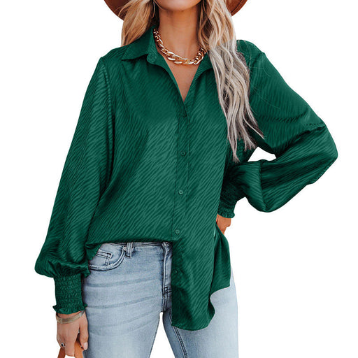 Color-Green-Women Clothing Zebra Pattern Collared Breasted Loose Top Lantern Long Sleeve Shirt for Women-Fancey Boutique