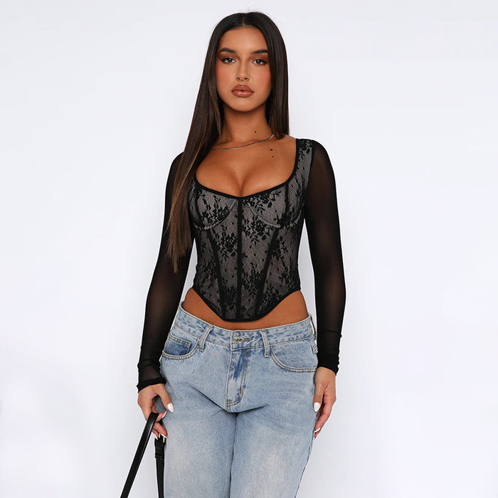 Color-Sexy Lace Stitching Girdle Printed Long-Sleeved Top Autumn Sexy Slim T shirt-Fancey Boutique