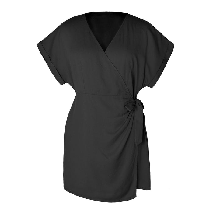 Color-Black-Solid Color Tied Jumpsuit Elastic Waisted Slimming V Neck Short Sleeve Rompers Women-Fancey Boutique