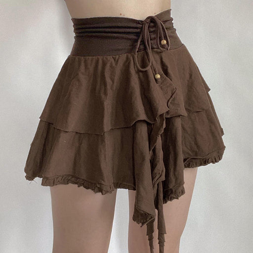 Color-Retro Sweet Irregular Asymmetric Double Layer Ruffled Skirt Cinched Drawstring Lace-up Solid Color Short Skirt-Fancey Boutique