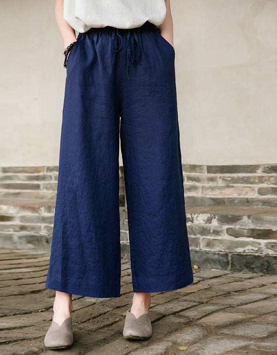 Color-Purplish blue-Spring Summer Cotton Linen Women Artistic Washed Lace up Linen Casual Straight Through Cropped Pants Women Cotton Linen Wide Leg Pants-Fancey Boutique