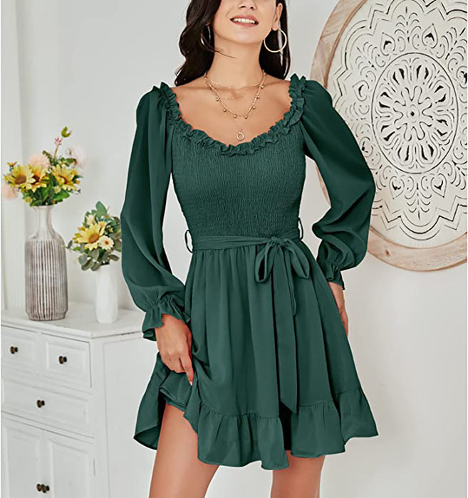 Color-Early Spring Chiffon Dress Women Ruffled V neck Fitted Waist Sweet A line Dress-Fancey Boutique