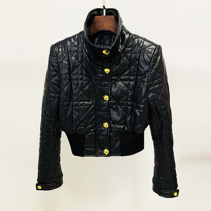 Color-Goods Star Locomotive Slim Fit Waistline Plaid Short Leather Jacket Coat-Fancey Boutique
