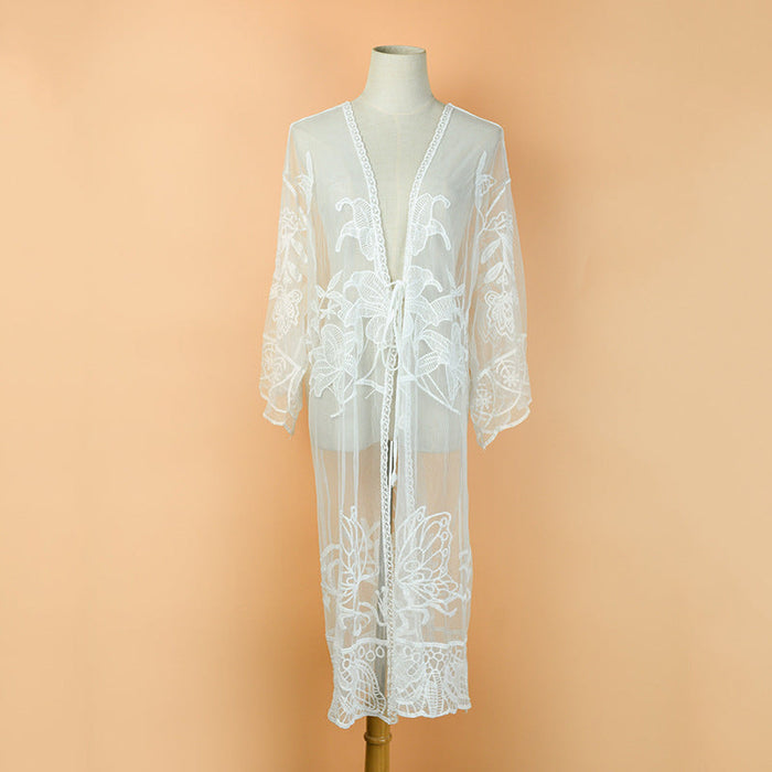 Color-White-Spring Cotton Embroidery Sun Protection Cardigan Seaside Holiday Bikini Cover up Beach-Fancey Boutique