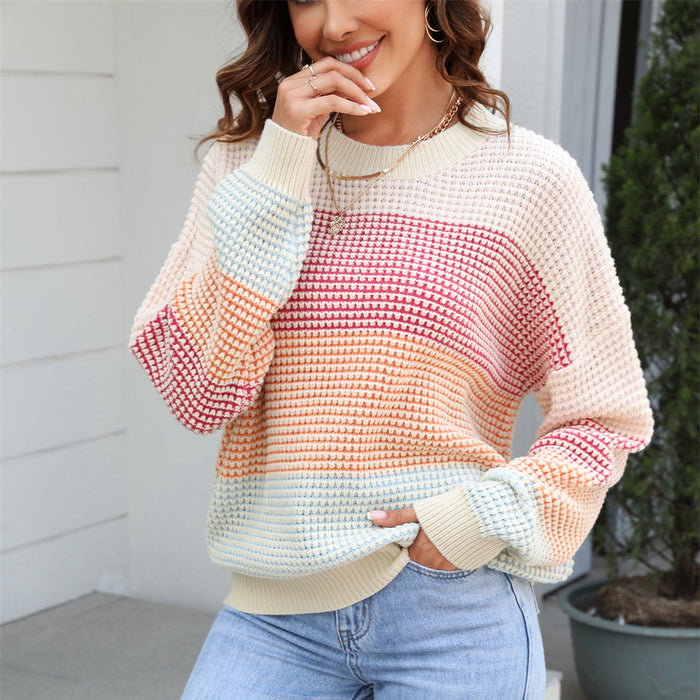 Color-Autumn Casual Sweater Loose Crew Neck Color Knitwear Top Color Block-Fancey Boutique