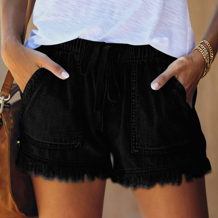 Color-Black-Summer New Elastic Waist Drawstring Casual High Waist Slimming Denim Shorts for Women-Fancey Boutique