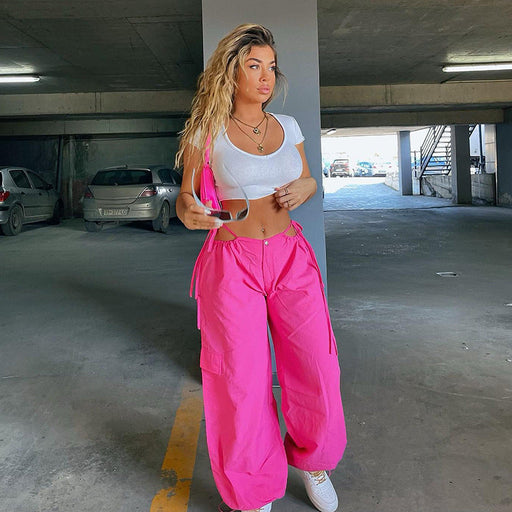Color-Coral Red-High Waist Hollow Out Cutout Drawstring Solid Color Ankle Banded Working Pants Summer Retro Easy Matching Solid Color Straight Leg Pants-Fancey Boutique