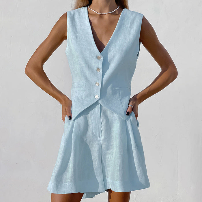 Color-Blue-Design Cotton Linen Suit Vest Suit Women Summer Casual Sleeveless Tank Top Shorts Two Piece Suit-Fancey Boutique
