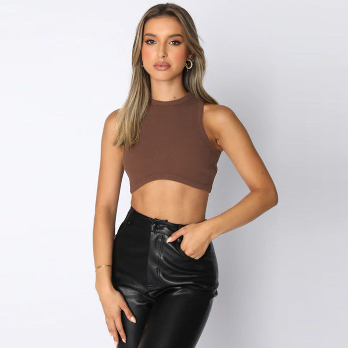 Color-Coffee-Women Clothing Summer New Fashion Sexy Vest High Waist cropped Sleeveless Top-Fancey Boutique