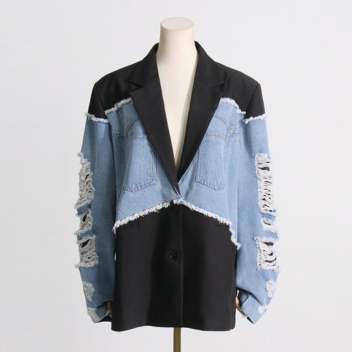 Color-Autumn Retro Color Contrast Patchwork Loose Denim Women Jacket-Fancey Boutique