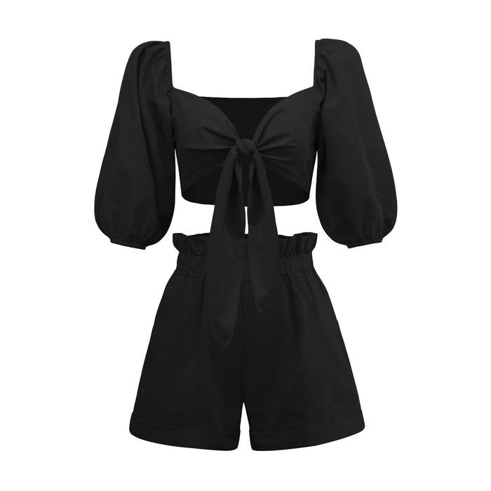 Color-Black-Spring Summer Solid Color Sexy Cotton Cardigan Top Pocket Shorts Casual Suit-Fancey Boutique