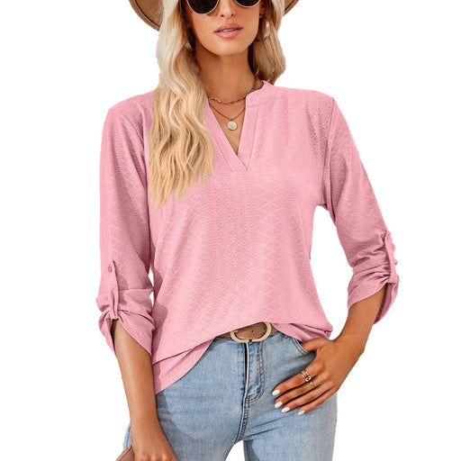 Color-Pink-Autumn Winter Solid Color V-neck Three-Quarter Sleeve Button Loose-Fitting T-shirt Top Women-Fancey Boutique
