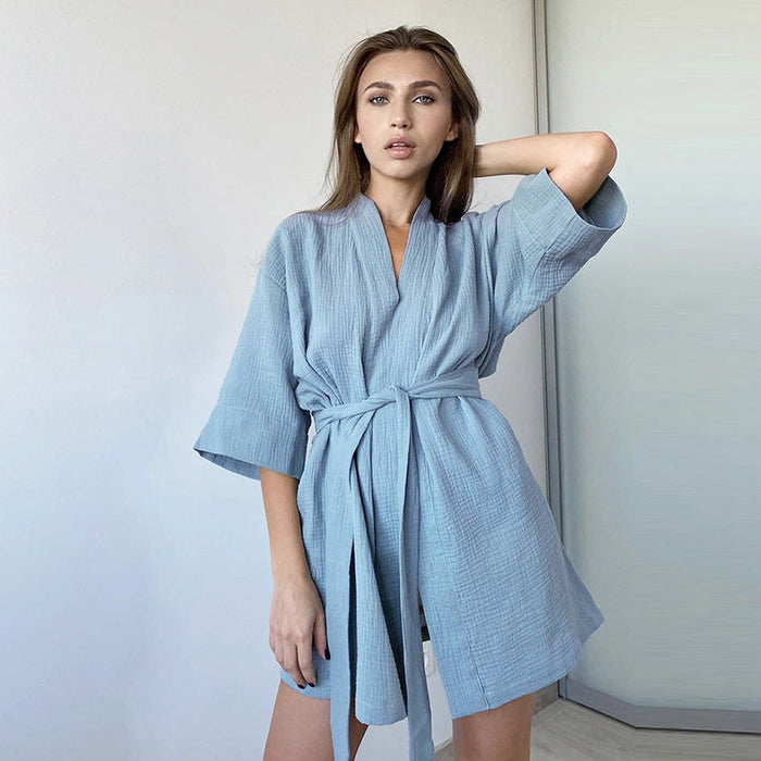 Color-Spring Pure Cotton Casual Home Nightgown Short Cardigan Double Layer Gauze Simple Women Pajamas-Fancey Boutique