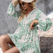 Color-Loose Casual Floral Lace Splicing Pullover Long Sleeve V neck Printed Dress Women-Fancey Boutique