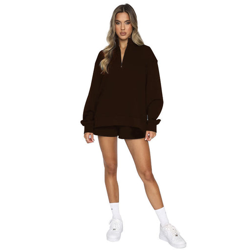 Color-Coffee-Autumn Winter Solid Color Stand Collar Zipper Pullover Long Sleeve Sweater Women Shorts Set-Fancey Boutique