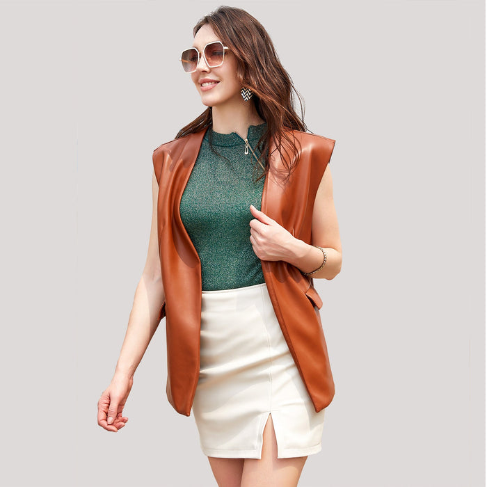Color-Sleeveless Faux Leather Vest Loose Plus Size Women Vest Cardigan Short Coat Women-Fancey Boutique