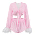 Color-Long Sleeve Shorts Pink Sexy Fluff Two Piece Pajamas Comfortable Thin Ladies Homewear-Fancey Boutique