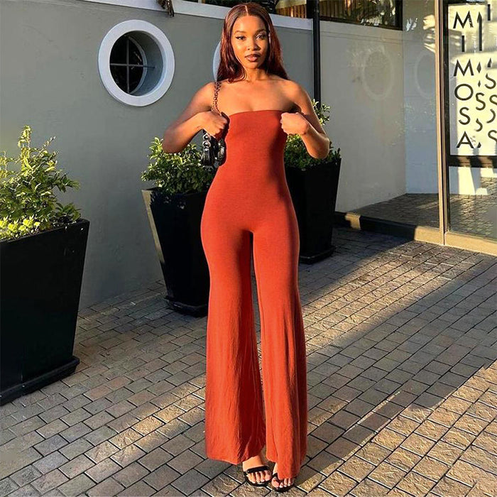 Color-Women Clothing Summer Solid Color Casual Sleeveless off Neck Bandeau Slim Fit Flared Jumpsuit-Fancey Boutique