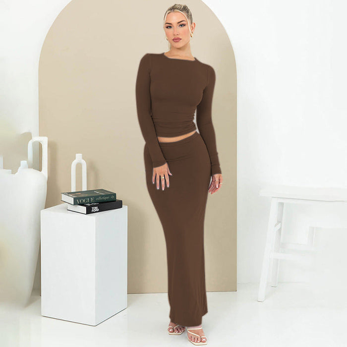 Color-Brown-Women Clothing Autumn Long Sleeve Top Skirt Sexy Set-Fancey Boutique