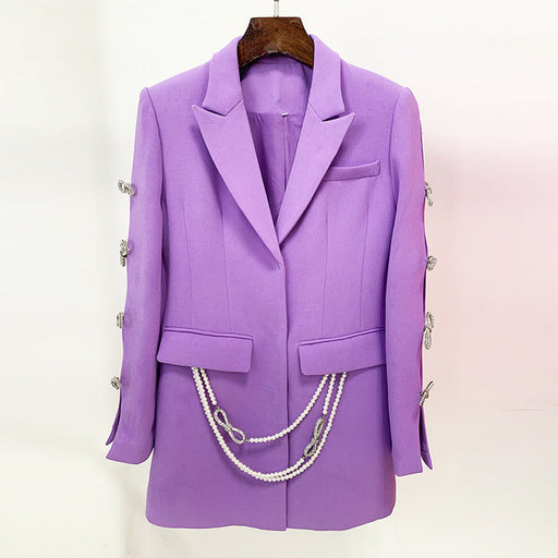 Color-violet-Dyed Fabric Dignified Sense of Design Sleeve Hollow Out Cutout Jeweled Bow Pearl Blazer Dress-Fancey Boutique