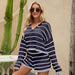 Color-Women V neck Hooded Sweater Loose Striped Two Piece Set Spring Knit Casual Suit-Fancey Boutique