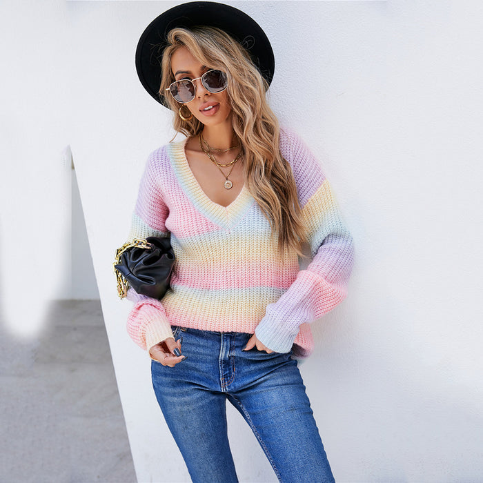 Color-Autumn Winter Women Rainbow Stitching Tie Dyed V neck Pullover Personality Sweater Knitted-Fancey Boutique