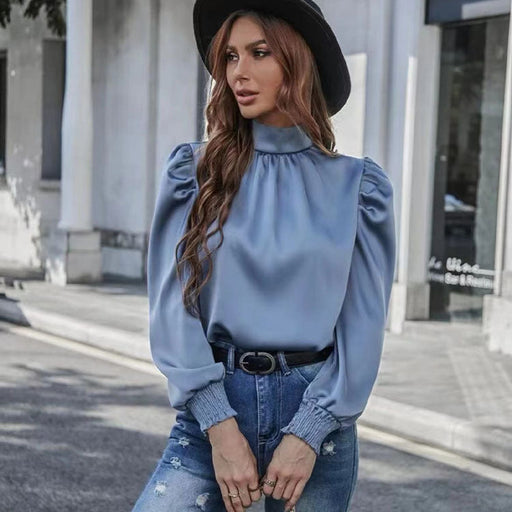 Color-royal blue-Women Shirt Autumn Arrival Elegant Half Turtleneck Bubble Long Sleeve Pleated Fit Type Women Blouse-Fancey Boutique